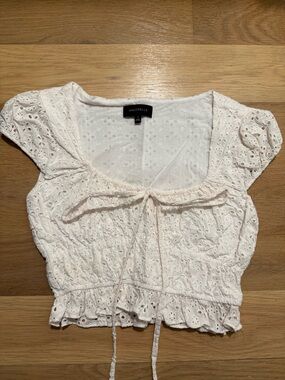 MAJORELLE Ivory Eyelet Tie-Front Peasant Crop Top